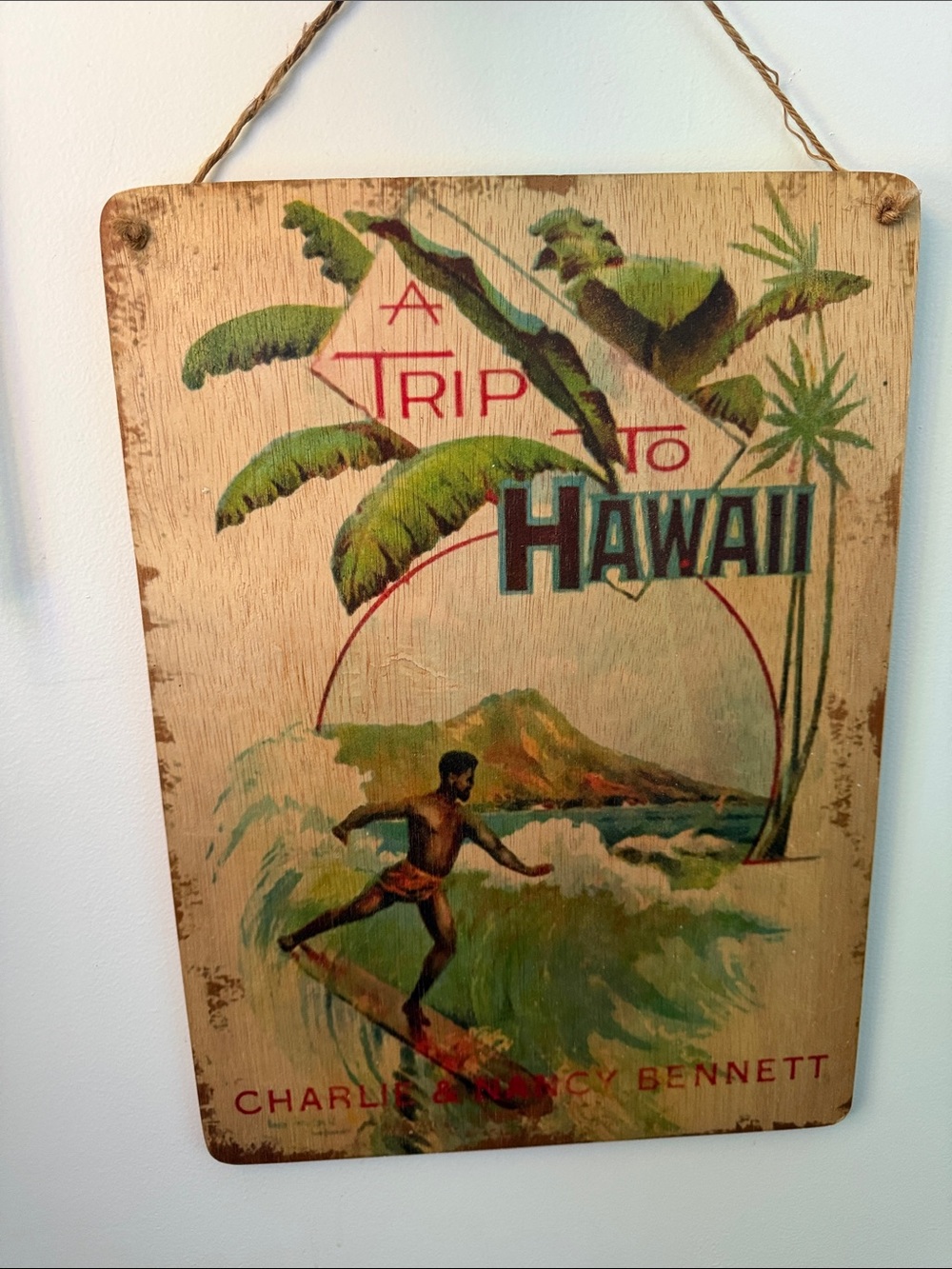 A Trip to Hawaii Wooden Wall Sign - Tropical Surf Scene